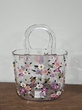 Clear Glass Handbag Vase Hand Painted Floral Bee Design